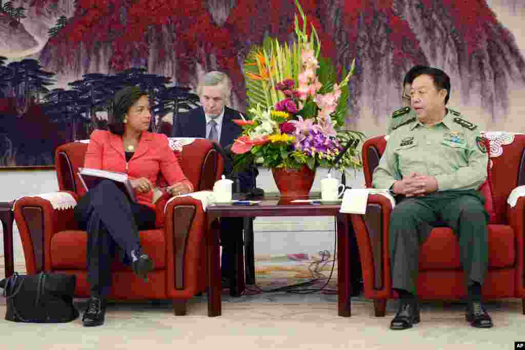 U.S. National Security Adviser Susan Rice talks with Fang Changlong, vice chairman of the Central Military Commission at Bayi Building, in Beijing, Sept. 9, 2014.
