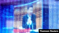 China's President Xi Jinping is shown on a screen through digitally decorated glass during the World Internet Conference (WIC) in Wuzhen, Sep. 8, 2021.