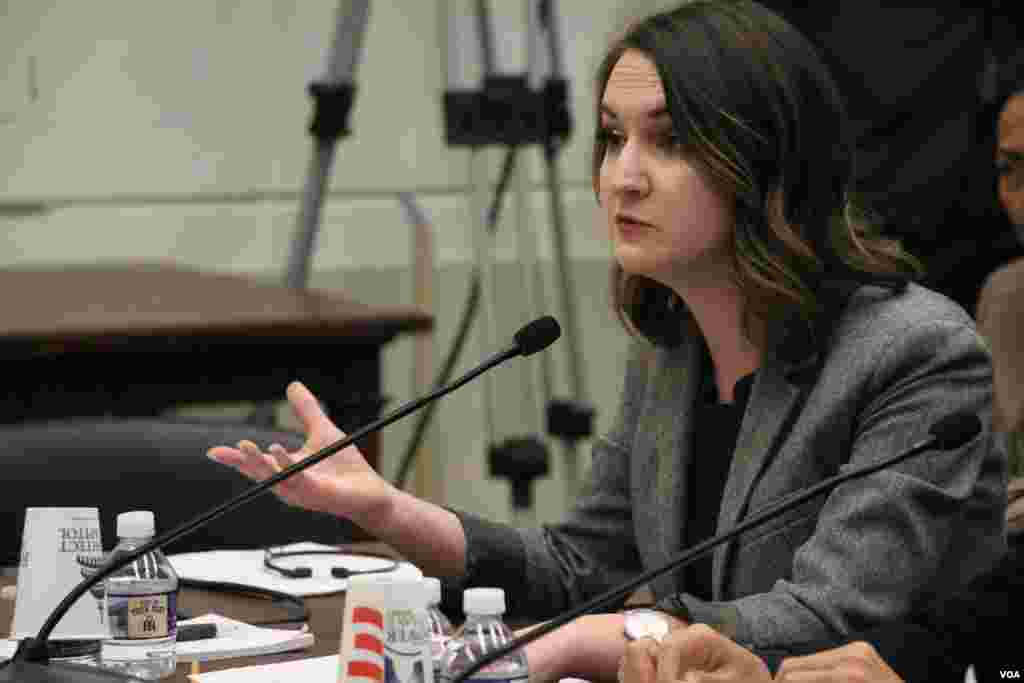Ms. Olivia Enos, policy analyst at The Heritage Foundation, testified at the open hearing on &ldquo;Cambodia&#39;s Descent: Policies to Support Democracy and Human Rights&rdquo; on Tuesday December 12, 2017 at the Rayburn House Office Building. (Sreng Leakhena/VOA Khmer)