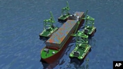 A computer simulation demonstrates how smaller ships could unload containers from a larger cargo ship at sea