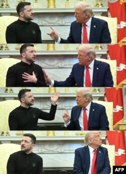 (COMBO) This combination of pictures created on February 28, 2025 shows US President Donald Trump and Ukraine's President Volodymyr Zelensky meet in the Oval Office of the White House in Washington, DC, February 28, 2025.