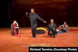 A pile of sticks is transformed into many props as the ensemble tells parables from the ancient poem