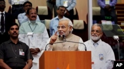 Indian Prime Minister Narendra Modi speaks after the successful launch of the Polar Satellite.