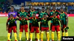 Ba Lions indomptables na demi-finales ya CAN na Franceville, au Gabon, le 2 février 2017.