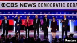 Democratic 2020 U.S. presidential candidates (L-R) former New York City Mayor Michael Bloomberg, former South Bend Mayor Pete Buttigieg, Senator Elizabeth Warren, Senator Bernie Sanders, former Vice President Joe Biden, Senator Amy Klobuchar and billionaire activist Tom Steyer.