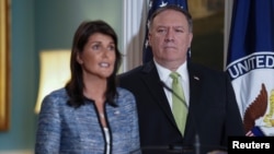 លោកស្រី Nikki Haley ឯកអគ្គរដ្ឋទូត​អាមេរិក​ប្រចាំ​អង្គការ​សហប្រជាជាតិ​ថ្លែង​សុន្ទរកថា​ទៅ​កាន់​សារព័ត៌មាន​អំពី​ការ​ដក​ខ្លួន​របស់​សហរដ្ឋអាមេរិក​ចេញ​ពី​ក្រុម​ប្រឹក្សា​សិទ្ធិ​មនុស្ស​អង្គការ​សហប្រជាជាំតិ នៅ​ក្រសួង​ការបរទេស​ រដ្ឋធានី​វ៉ាស៊ីនតោន កាលពី​ថ្ងៃទី១៩ ខែមិថុនា ឆ្នាំ២០១៨។