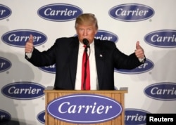 U.S. President-Elect Donald Trump speaks at an event at Carrier HVAC plant in Indianapolis, Indiana, Dec. 1, 2016.