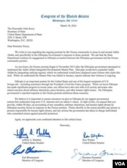 የዩናይትድ ስቴትስ የሕዝብ እንደራሴዎች የውጭ ጉዳይ ሚኒስትር ጃን ኬሪ ስለኦሮምያ ሪፖርት እንዲያቀርቡላቸው የጠየቁበት ደብዳቤ