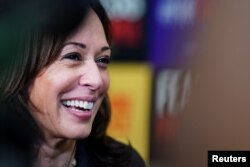 U.S. Sen. Kamala Harris, a candidate for the 2020 Democratic presidential nomination, speaks to reporters following a meet and greet for women voters in Birmingham, Ala., June 7, 2019.