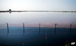 Bassin de rétention d'eaux usées près du complexe pétrolier de Petrodar, à Paloich, au Sud-Soudan
