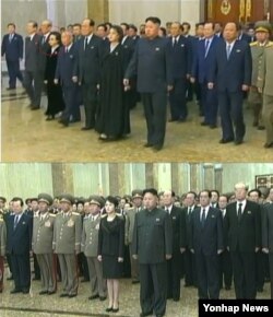 북한이 지난해 처형한 장성택의 부인이자 김정은 국방위원회 제1위원장의 고모인 김경희 당 비서의 모습을 기록영화에서 삭제했다. 사진은 김 비서(위 붉은 원안)의 모습이 포함돼 있던 지난해 12월 13일 기록영화 첫 방송분과 김 비서가 없는 다른 화면으로 대체한 지난 15일자 재방송분(아래) 비교 모습.