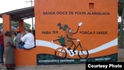 Sebuah kios yang mempromosikan ubi merah yang manis di Mozambik. (Foto: HarvestPlus)