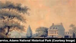 The Adams' family home, Peace field, in Braintree, Massachusetts. 1798 Painting by E. Malcom.