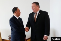 2018年5月31日美国国务卿蓬佩奥与金英哲在纽约会晤时握手