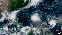 A satellite image from earlier this year shows several major storms and hurricanes in the Atlantic Ocean. Scientists say hgher temperatures could make such ocean storms worse.