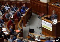 FILE - Ukrainian President Petro Poroshenko addresses parliament during the opening ceremony parliamentary session in Kiyv, Ukraine, Tuesday, Sept. 6, 2016.