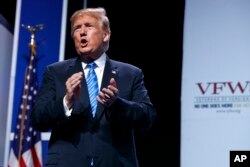 President Donald Trump walks off after speaking to the Veterans of Foreign Wars of the United States National Convention, July 24, 2018, in Kansas City, Mo.