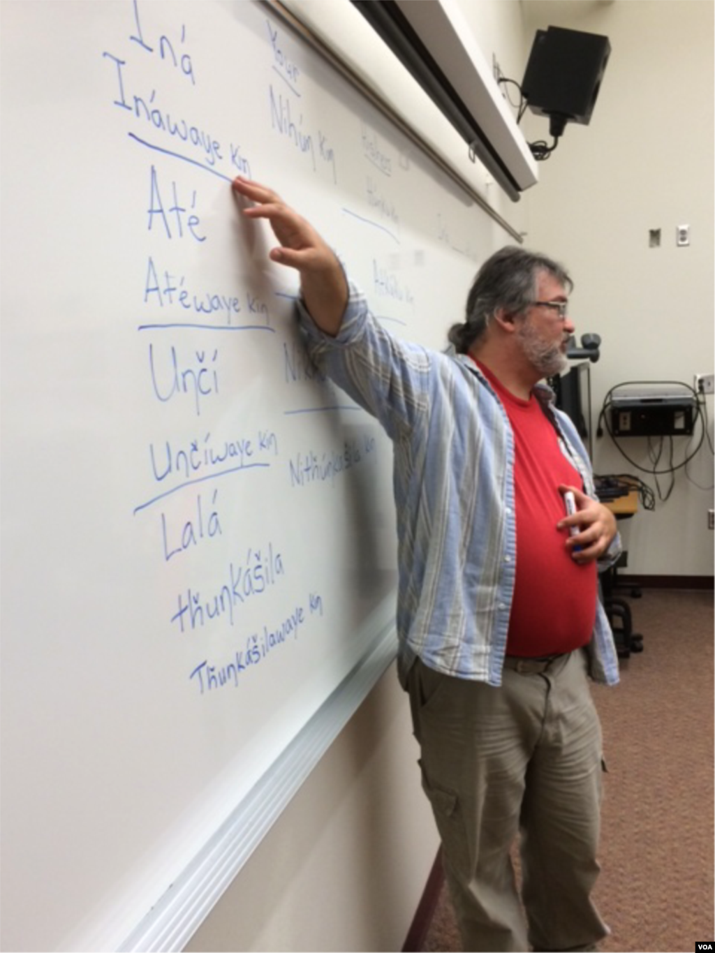 Michael Moore teaching Lakota at Sitting Bull College, Fort Yates, North Dakota, Dec. 1, 2014. (Aru Pande/VOA)