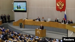 블라디미르 푸틴 러시아 대통령이 10일 두마(연방의회)에서 연설했다.