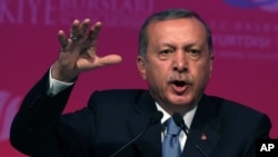 FILE - Turkish President Recep Tayyip Erdogan is seen delivering a speech in Ankara, June 11, 2015.