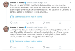 트위터가 도널드 트럼프 미국 대통령의 26일 트윗 아래에 “부재자 투표에 관한 팩트를 확인하라”는 경고 문구를 띄웠다. 트럼프 대통령은 이 트윗에 우편 투표가 부정선거로 이어질 것이라고 비난한 내용을 담았다. 사진 출처: 도널드 트럼프 미국 대통령 트위터 계정 캡처.