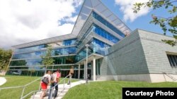 Students enter the Mandel Center for Humanities at Brandeis University in Waltham, Massachusetts.