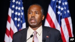 FILE - Republican presidential candidate Dr. Ben Carson speaks at a news conference in Henderson, Nevada, Nov. 16, 2015. Carson called for Congress to cut off funding for resettlement of Syrian immigrants in the U.S. 