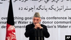 Afghan President Hamid Karzai gestures, as he speaks during a conference about water management in Kabul, Afghanistan, Tuesday, Jan. 29, 2013.