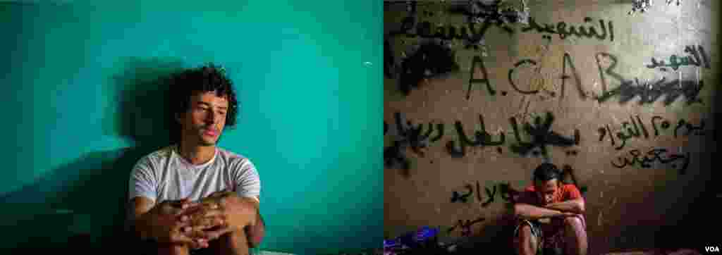 On the left, Nour Khalil says, &ldquo;Since I came out of jail it has been not easy to socialize. I have become more careful when I leave my home. I always tell someone I know where I&rsquo;m going in case something happens. Forced disappearance is very scary. Officially you don&rsquo;t exist.&rdquo; On the right, Islam Khalil views an Amnesty International report about his family&rsquo;s arrest. &ldquo;One of the most effective ways to fight forced disappearance is to keep talking about it,&rdquo; he says on August 28, 2017. (H. Elrasam/VOA)