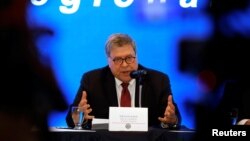 FILE - U.S. Attorney General William Barr speaks at a news conference in San Salvador, El Salvador, May 16, 2019.