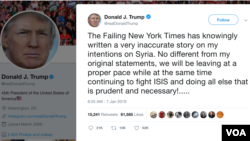 នេះ​ជា​រូប​បង្ហាញ​ពី​សារ​របស់​លោក​ប្រធានាធិបតី ដូណាល់ ត្រាំ​ នៅ​តាម​ប្រព័ន្ធ​ Twitter។