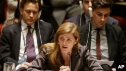 Duta Besar AS untuk PBB, Samantha Power, dalam pertemuan di Dewan Keamanan di New York.