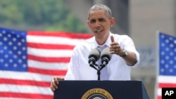 President Barack Obama speaks about the economy and transportation at Georgetown Waterfront Park in Washington, July 1, 2014.
