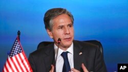 U.S. Secretary of State Antony Blinken takes part in the Ministerial Conference on Migration at the Foreign Ministry headquarters in Bogota, Colombia, Oct. 20, 2021.