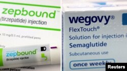 FILE PHOTO: A combination image shows an injection pen of Zepbound, Eli Lilly's weight loss drug, and boxes of Wegovy, made by Novo Nordisk