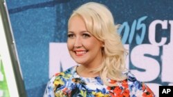 FILE - Meghan Linsey arrives at the CMT Music Awards at Bridgestone Arena in Nashville, Tennessee, June 10, 2015.