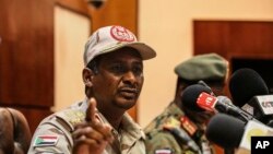 Gen. Mohamed Hamdan Dagalo, the deputy head of the military council speaks at a press conference in Khartoum, Sudan, Tuesday, April 30, 2019.