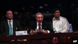 Cuba's President Raul Castro, center, speaks at the Summit Cuba-Caricom (Caribbean Community) in Havana, Dec 8, 2014. 