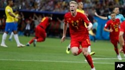 Kevin De Bruyne après son but contre le Brésil lors du Mondial 2018 à Kazan en Russie le 6 juillet 2018.