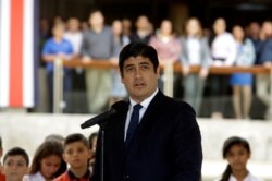 FILE - Newly-elected President Carlos Alvarado Quesada speaks during a welcome ceremony at the presidential house in San Jose, Costa Rica, April 18, 2018.