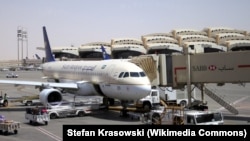 A Saudi Arabian Airlines A320 is parked at the King Khalid International Airport, Riyadh, Saudi Arabia. The Saudi military intercepted a ballistic missile fired from Yemen, Nov. 3, 2017, aimed at the airport. 