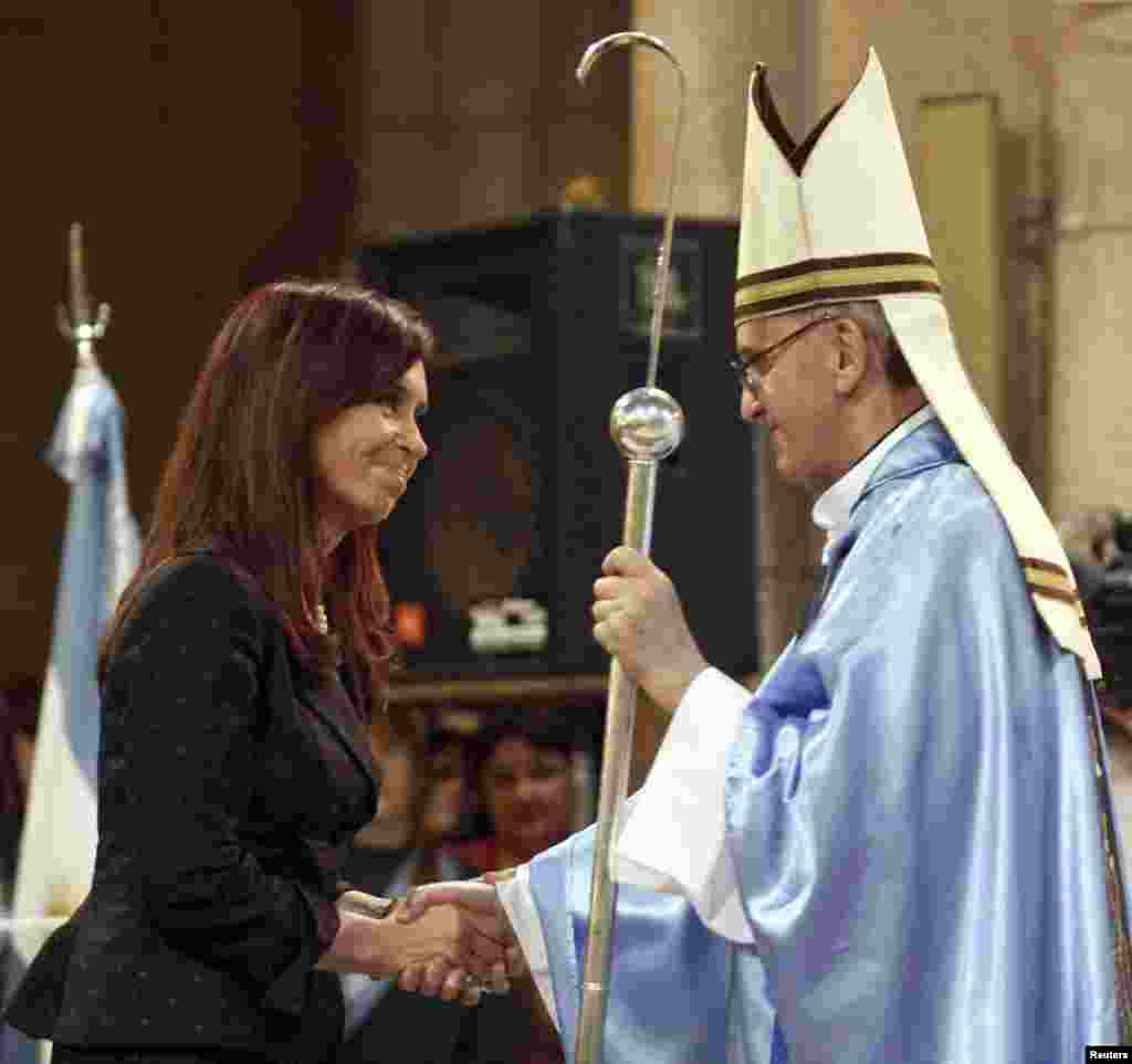 Argentine President Cristina Fernandez de Kirchner greets then Argentine Cardinal Jorge Bergoglio at the Basilica of Lujan, Dec. 22, 2008. 