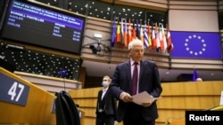 Perwakilan Tinggi Eropa untuk Urusan Luar Negeri dan Kebijakan Keamanan Uni Eropa, Josep Borrell menghadiri sidang pleno Parlemen Eropa di Brussel, Belgia, 9 Februari 2021. 