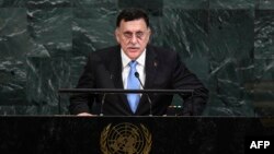FILE - The head of Libya's U.N.-backed Government of National Accord, Fayez al-Serraj, addresses the 72nd Session of the United Nations General assembly at the UN headquarters in New York, Sept. 20, 2017. 