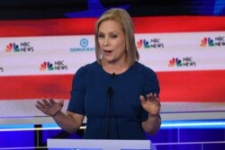 FILE - Democratic presidential hopeful U.S. Senator for New York Kirsten Gillibrand speaks during the second Democratic primary debate of the 2020 presidential campaign at the Adrienne Arsht Center for the Performing Arts in Miami, June 27, 2019.