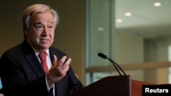 Sekretaris Jenderal PBB Antonio Guterres berpidato di markas PBB, New York, 18 Juni 2021. (Foto: REUTERS/Andrew Kelly)