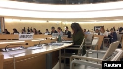 The empty seats for the delegation of Saudi Arabia are seen during a session of the Human Rights Council at the United Nations in Geneva, Switzerland, Sept. 23, 2019. 