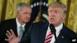 President Donald Trump speaks at a Air Traffic Control Reform Initiative announcement in the East Room at the White House, June 5, 2017.