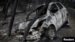 A burned car is stuck under a burned tree following a wildfire in Neos Voutzas, near Athens, Greece, July 26, 2018. 