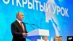 Russian President Vladimir Putin speaks at a meeting with students in Yaroslavl, Russia, Sept. 1, 2017.